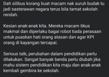 TANGKAP layar status guru yang meluahkan mengenai silibus Bahasa Melayu yang terlalu tinggi untuk murid tahun satu.