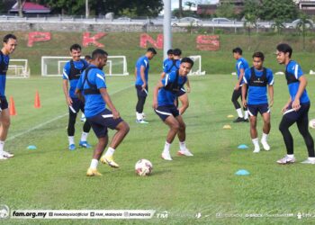 SKUAD Harimau Malaya kendalian Tan Cheng Hoe giat menjalani sesi latihan di Kompleks Sukan PKNS, Kelana Jaya menjelang saingan Piala AFF di Singapura, Ahad ini.- IHSAN FAM