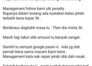 TANGKAP layar hantaran pengguna Facebook, Dla Afindi di Langkawi Hari Ini berkaitan isu bayaran ganti rugi selepas jet ski terbalik kerana dipukul ombak.