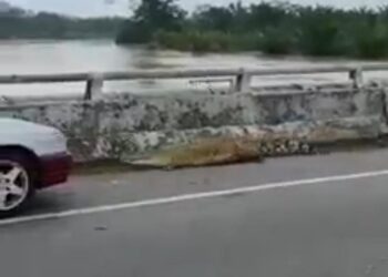 TANGKAP layar rakaman video seekor buaya yang naik ke jalan raya dalam kejadian di sebuah jambatan di percayai di Linggi, Port Dickson berikutan banjir di kawasan tersebut dan peningkatan paras air sungai Linggi.-GAMBAR/MEDIA SOSIAL