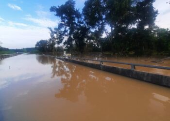 PEMANDANGAN laluan Lebuh Raya Pantai Timur masih dilimpahi air berikutan banjir berdekatan Lanchang di Temeroh, Pahang. - GAMBAR IHSAN ANIH BERHAD