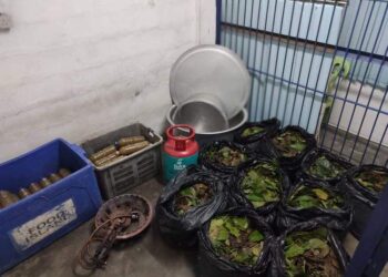 AIR dan daun ketum yang dirampas dalam pemeriksaan polis di sebuah rumah di Felda Pasir Besar, Tampin, awal pagi semalam.-GAMBAR/IHSAN POLIS