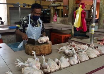 AZRIWANA Mohamad memotong ayam di premisnya di Pasar Bukit Besar di Kuala Terengganu, hari ini. - UTUSAN/TENGKU DANISH BAHRI TENGKU YUSOFF