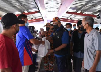 REEZAL Merican Naina Merican menyerahkan bantuan bakul bencana KPKT kepada sebahagian mangsa banjir di Johor.