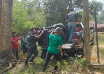 ANGGOTA Jabatan Perhilitan Negeri Sembilan mengangkat seekor harimau kumbang yang terperangkap di dalam jerat yang dipasang di Kampung Sri Repah, Tampin pagi tadi.-UTUSAN/NOR AINNA HAMZAH.