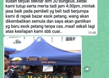 TANGKAP layar makluman mengenai kesediaan seorang peniaga nasi ayam kukus bazar Ramadan di Bagan Serai untuk memulangan wang pelanggan yang membeli makanan daripadanya.