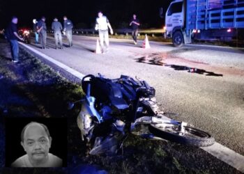 KEADAAN motosikal ditunggang Razali Abdul Manaf (gambar kecil) yang meninggal dunia akibat kemalangan di Kilometer 15.3, Lebuhraya Utara Selatan, Kubang Pasu.