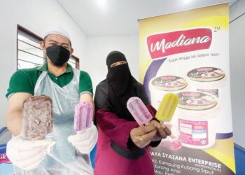 NUR SYAZANA RANI dan suami, Mohd. Asmadi Saad menunjukkan pelbagai aiskrim yang mereka hasilkan di Arau, Perlis, baru-baru ini. – UTUSAN/NUR NAZLINA NADZARI