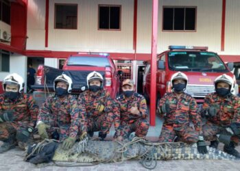 ANGGOTA Bomba Segamat menunjukkan seekor buaya yang ditangkap di Kampung Berata, Segamat, Johor, hari ini.