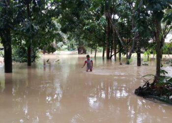 SEORANG kanak-kanak bermain di sekitar kediamannya yang ditenggelami air di Kampung Shukur,  Dungun, hari ini. - NIK NUR IZZATUL HAZWANI NIK ADNAN