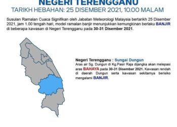 INFOGRAFIK ramalan banjir di sekitar Kampung Pasir Raja di Dungun susulan paras Sungai Dungun yang dijangka melepasi tahap bahaya pada akhir bulan ini.