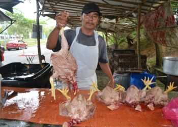 SHARIFF Subandi menunjukkan ayam yang sudah siap dibersihkan untuk dijual kepada pelanggan di gerainya Seremban 2, Seremban. - UTUSAN/ZAKKINA WATI AHMAD TARMIZI