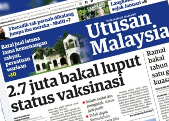 LAPORAN muka depan Utusan Malaysia mengenai pengambilan dos penggalak.