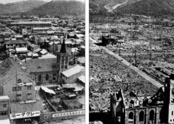 GAMBAR sebelum (kiri) dan selepas kemusnahan bandar raya Hiroshima akibat hentaman bom atom pada 6 Ogos 1945. - AFP