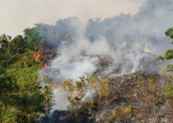 KEADAAN kebakaran di kawasan hutan bukit di Semanggol di Bagan Serai hari ini. - UTUSAN/JBPM PERAK