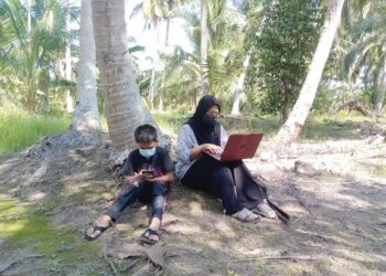 MUHAMMAD Adam Firdaus (kiri) dan Nurul Najwa Iman mengikuti kelas dalam talian di ladang kelapa di belakang rumah mereka di Jalan Angkasa, Sabak Bernam, Selangor, baru-baru ini. – UTUSAN/MOHAMAD NAUFAL MOHAMAD IDRIS