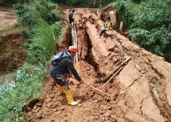 PENDUDUK Orang Asli di Pos Bihai, Gua Musang, Kelantan membaiki jambatan kayu yang runtuh akibat musim tengkujuh baru-baru ini. - UTUSAN/AIMUNI TUAN LAH