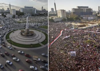 KOMBINASI gambar yang menunjukkan keadaan di Dataran Tahrir di Mesir ketika Arab Spring  pada Februari 2011 dan situasi semasa, kelmarin. - AFP