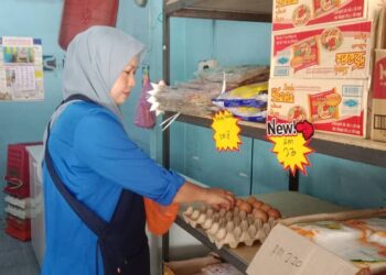 RAHIMAH Hasan melihat bekalan telur ayam yang dijual di kedainya di Ketereh, Kota Bharu semalam. UTUSAN/ROSMIZAN RESDI