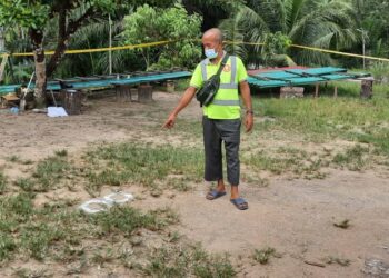 SEORANG penduduk menunjukkan tempat kejadian seorang lelaki mengamuk mati ditembak di Kampung Ulu Mahang, Kulim hari ini. - UTUSAN/AZAHAR HASHIM