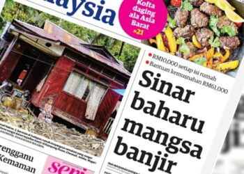 KERATAN laporan muka depan Utusan Malaysia  berhubung bantuan banjir Keluarga Malaysia hari ini.