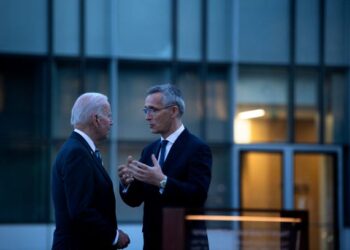 PRESIDEN AS, Joe Biden dan Setiausaha Agong NATO, Jens Stoltenberg berbual di tugu peringatan serangan 11 September di ibu pejabat NATO di Brussels. -AFP