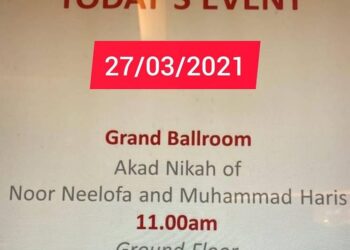 Notis yang diletakkan di lobi hotel Grand Hyatt, Kuala Lumpur mengenai majlis pernikahsan Neelofa dan PU Riz.