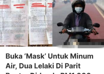 BERITA yang tular mengenai dua remaja dikompaun kerana dikatakan membuka pelitup muka untuk minum dalam kejadian di Parit Buntar kelmarin. - FOTO MEDIA SOSIAL