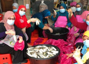 BEBERAPA sukarelawan wanita membantu membungkus ikan kembung segar sebelum diagihkan kepada penduduk di Ambangan Heights,  Amanjaya di Sungai Petani, Kedah.