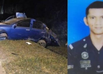 LOKASI kemalangan di Kilometer 9 Jalan Bahau-Kemayan, Jempol yang mengorbankan seorang anggota polis, Koperal J. Vimel dari Cawangan Khas IPD Jempol.