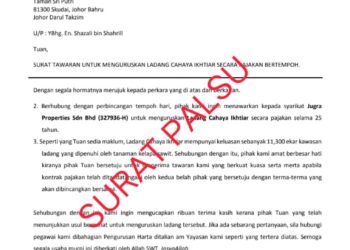 SURAT palsu berhubung tawaran YDSM menguruskan sebuah ladang secara pajakan yang tular di media sosial sejak September lalu.