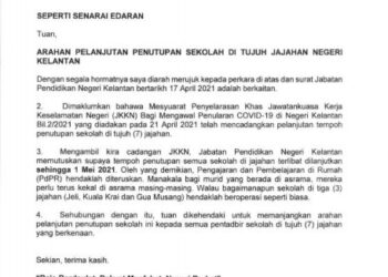 SALINAN surat memaklumkan pelanjutan penutupan sekolah di tujuh jajahan di Kelantan.