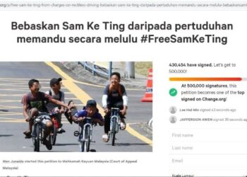 TANGKAP layar petisyen meminta Sam Ke Ting dibebaskan daripada hukuman penjara enam tahun ekoran kesalahan yang didakwa memandu secara melulu di bandar raya ini pada lima tahun lalu.