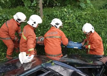 ANGGOTA bomba mengangkat mangsa kemalangan melibatkan sebuah kereta yang terbabas ke dalam parit di Ayer Tawar dekat Lumut hari ini. - UTUSAN/JBPM PERAK