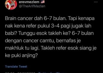 SEORANG pegawai perubatan hospital kerajaan memuat naik satu kenyataan berbaur cacian kepada pesakit yang datang mendapatkan rawatan penyakit kanser. - MEDIA SOSIAL