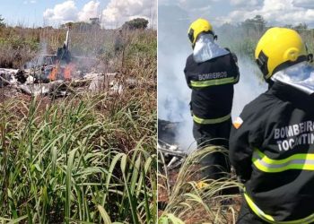 ANGGOTA bomba memeriksa bangkai pesawat ringan yang terhempas di hujung landasan Tocantins, semalam. -TWITTER