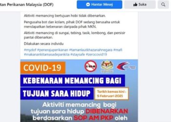 Paparan Facebook Jabatan Perikanan yang membenarkan aktiviti memancing untuk menyara hidup