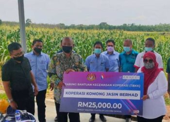 Timbalan Menteri Pembangunan Usahawan dan Koperasi (MEDAC), Datuk Wira Mas Ermieyati Samsudin menyampaikan bantuan Tabung Bantuan Kecemasan Koperasi (TBKK) kepada Pengerusi Koperasi Komong Jasin Berhad, Badrul Hisham Mohamad Yusof sambil disaksikan Datuk Norhizam Hassan Baktee Exco Pertanian, Penternakan, Pembangunan Usahawan Dan Koperasi Melaka.