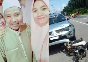 GAMBAR kenangan Abdul Hamid Dak bersama keluarganya dan keadaan motosikal beliau selepas maut dirempuh sebelum Hari Raya Aidilfitri lalu. - Foto media sosial